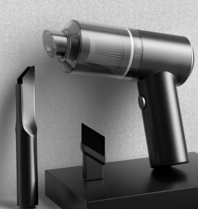 Wireless handheld car vacuum cleaner with a long cord on a car seat.