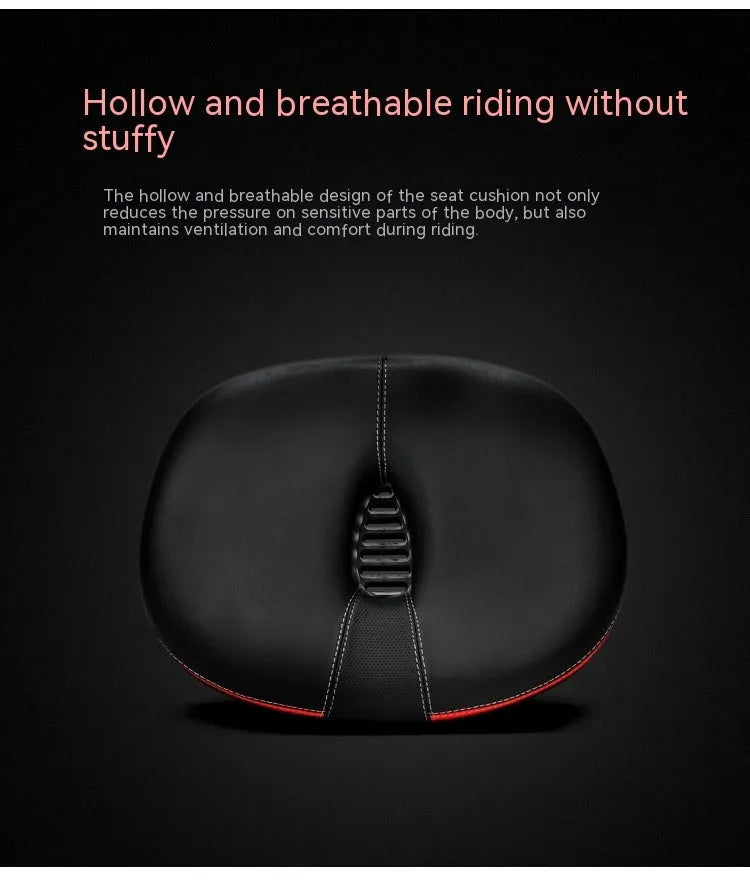 Large red thickened bicycle saddle with shock absorber and reflective sticker, dimensions 210x270mm.