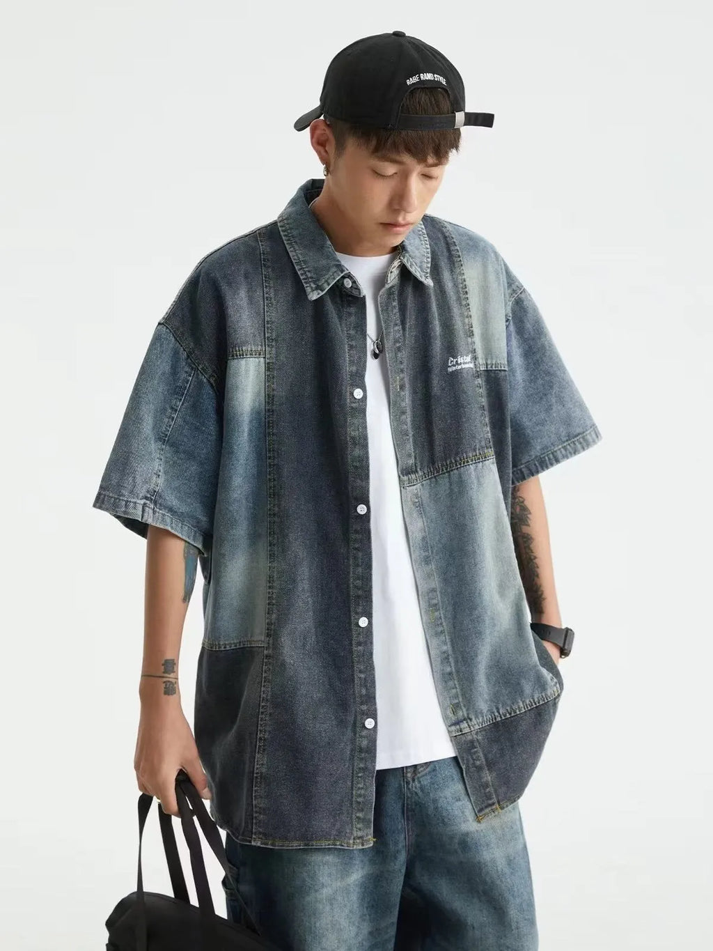 Blue Japanese-style loose fit denim shirt for men with washed stitching detail