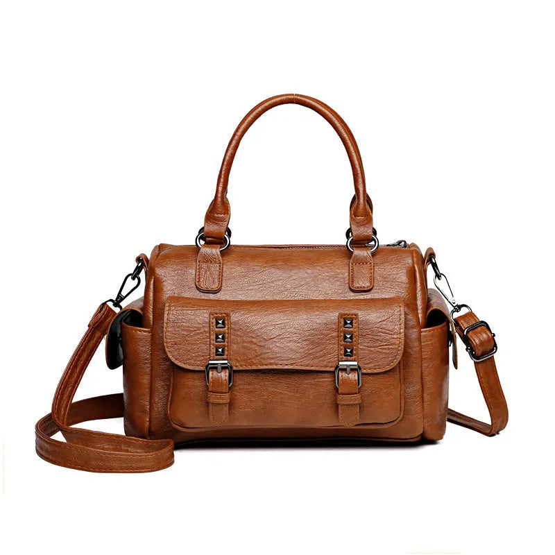 Vintage style large capacity messenger bag in horizontal square shape with contrast stitching, available in six colours