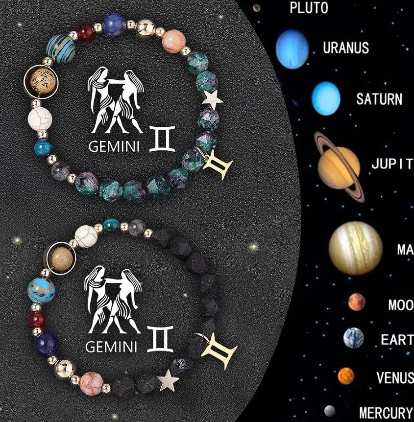 Complete set of twelve zodiac sign bracelets with natural stone beads and adjustable closures