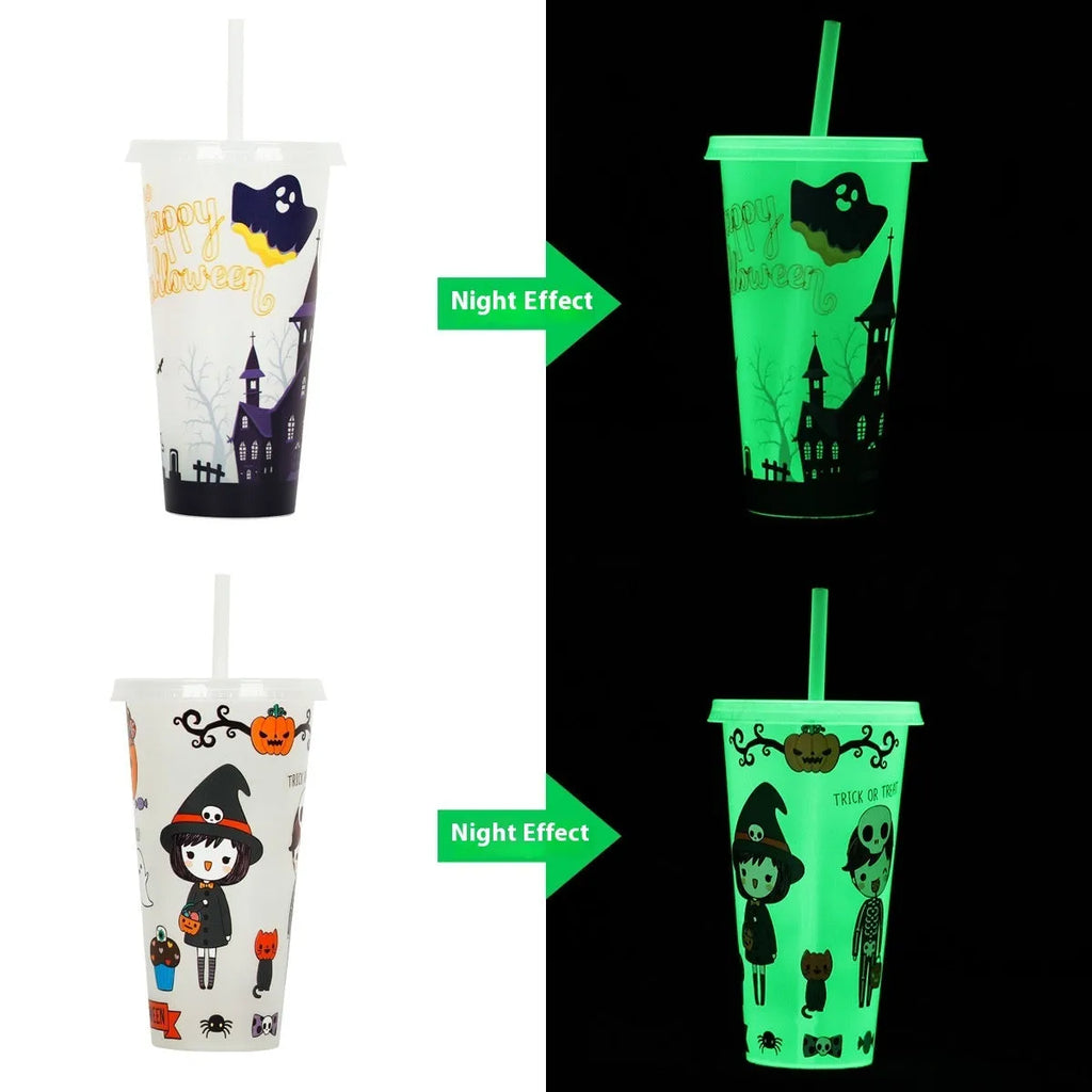 720ml Halloween plastic cup with luminous straw in one of six colours, showing cylindrical shape.