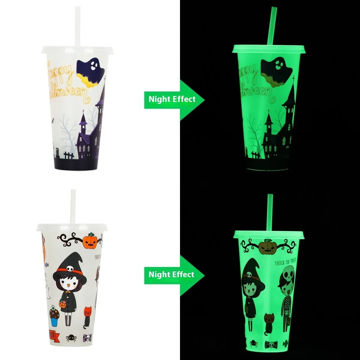 720ml Halloween plastic cup with luminous straw in one of six colours, showing cylindrical shape.