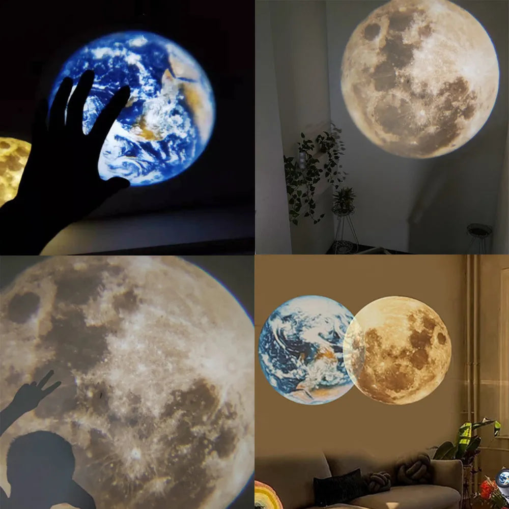 Earth and Moon projection lamp with adjustable hose bracket showing celestial projection effects
