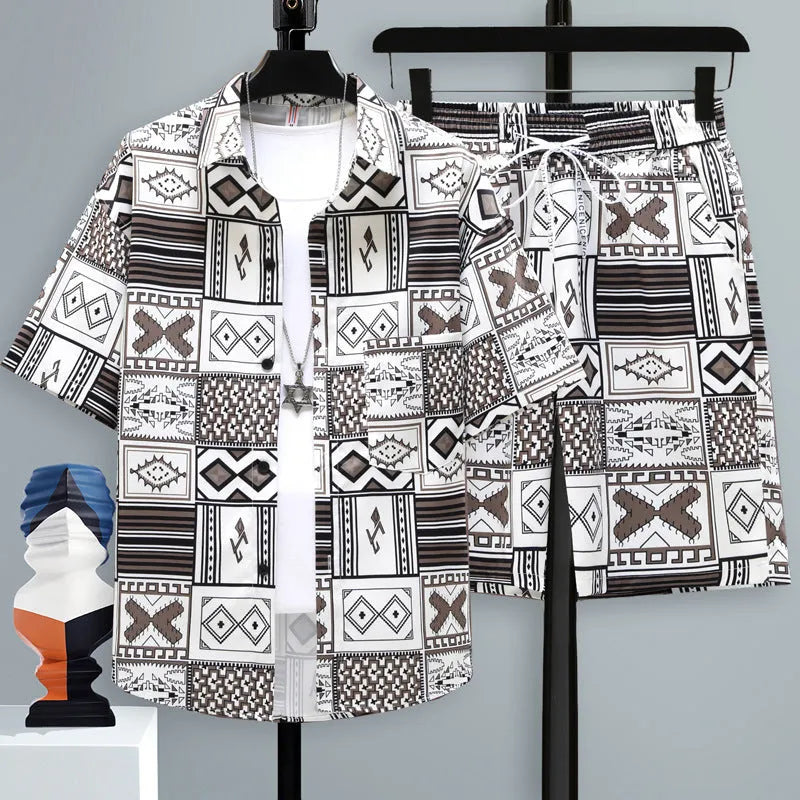 Men's grey casual polyester short-sleeve top and shorts two-piece set laid flat.