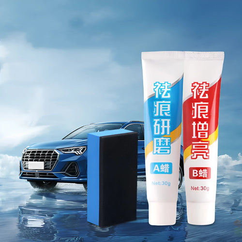 Car repair wax kit showing A wax for scratch removal, B wax for polishing, and frosted sponge applicator.