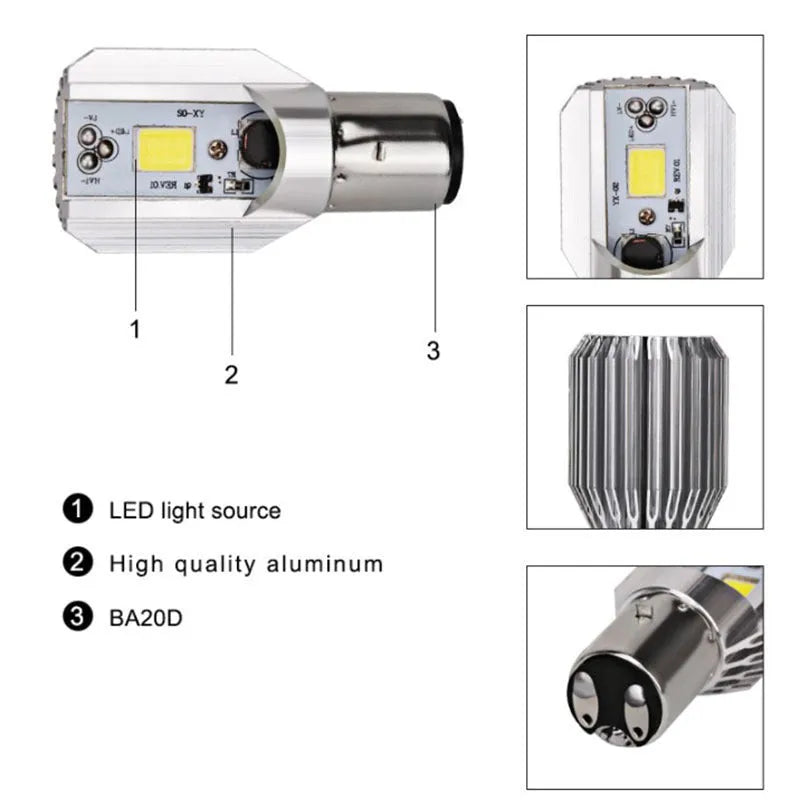 Motorcycle LED headlight unit with aluminium housing, showing connector for BA20D or H4 sockets.