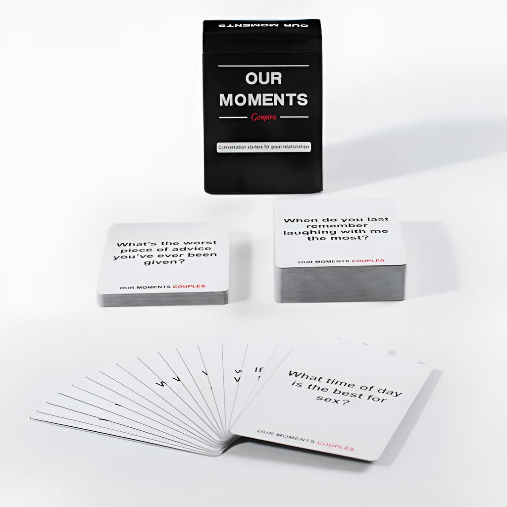 Black coated paper box of Our Time Lovers Edition communication cards for couples, showing dimensions 9cm x 6.5cm x 3.5cm.