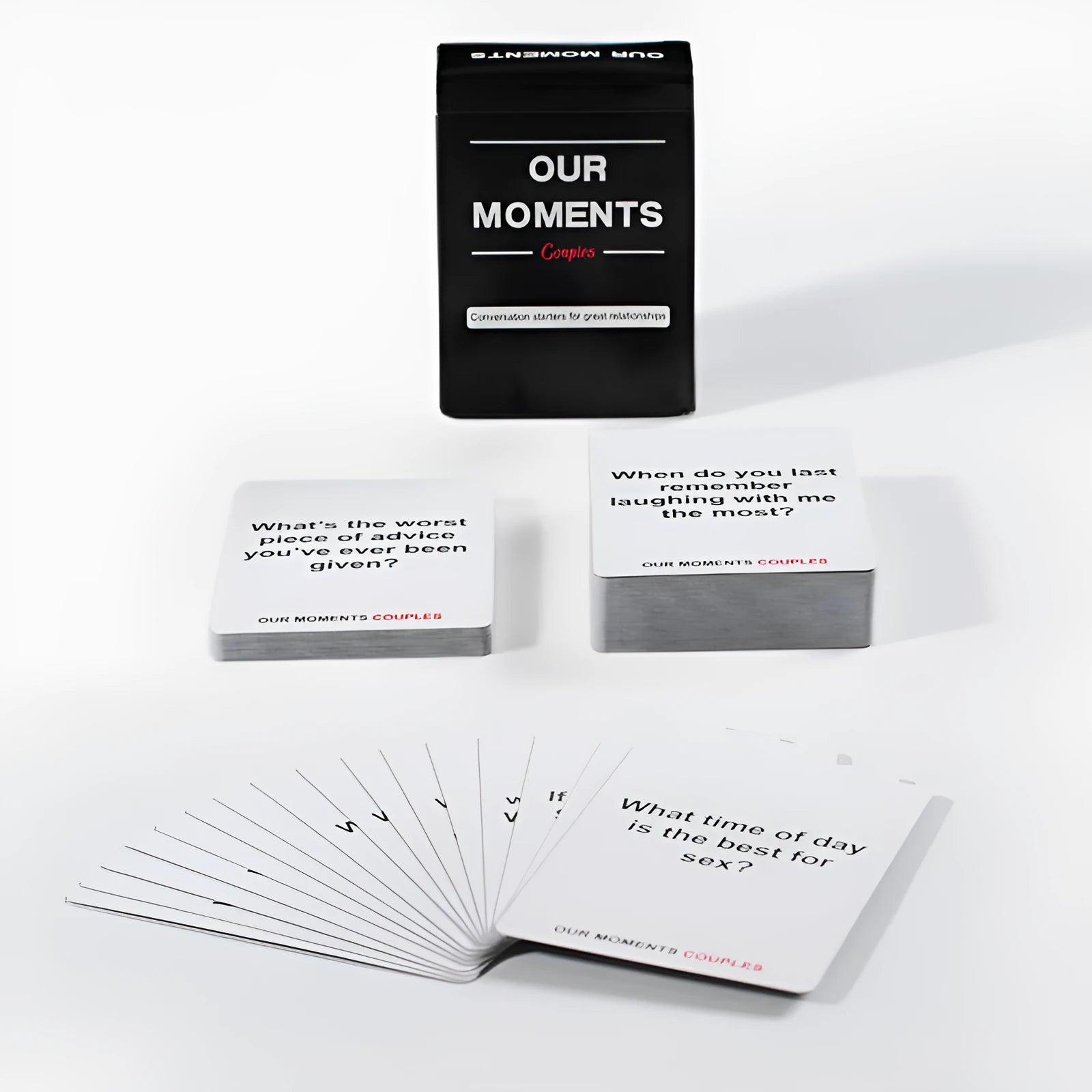 Black coated paper box of Our Time Lovers Edition communication cards for couples, showing dimensions 9cm x 6.5cm x 3.5cm.