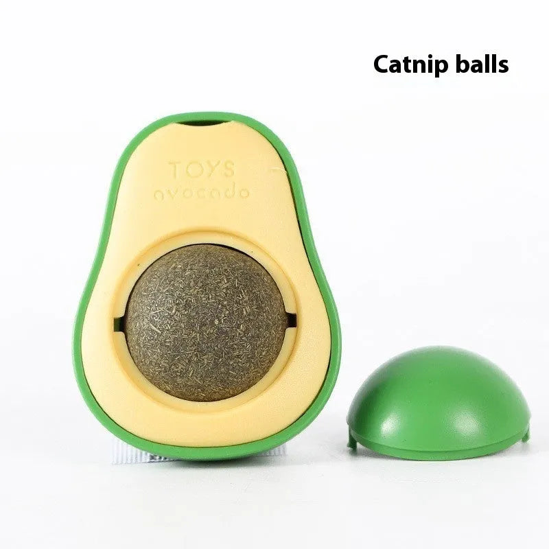 Plastic catnip ball toy with teeth cleaning design in various colours including pink, blue, green, and avocado mint