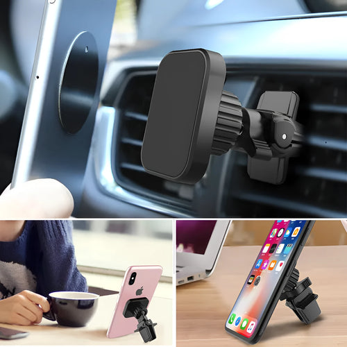 Black magnetic car phone holder attached to vehicle air vent