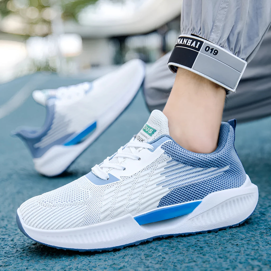 Men's blue casual sports mesh shoes with cloth upper and rounded toe design