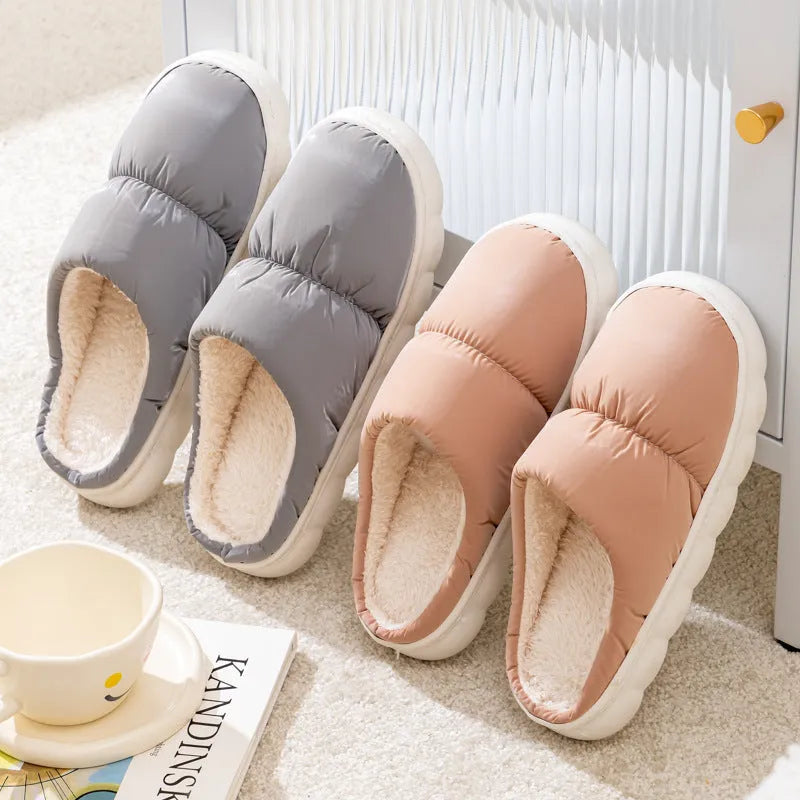Down cotton slippers with thick rubber soles and artificial leather uppers in multiple colours