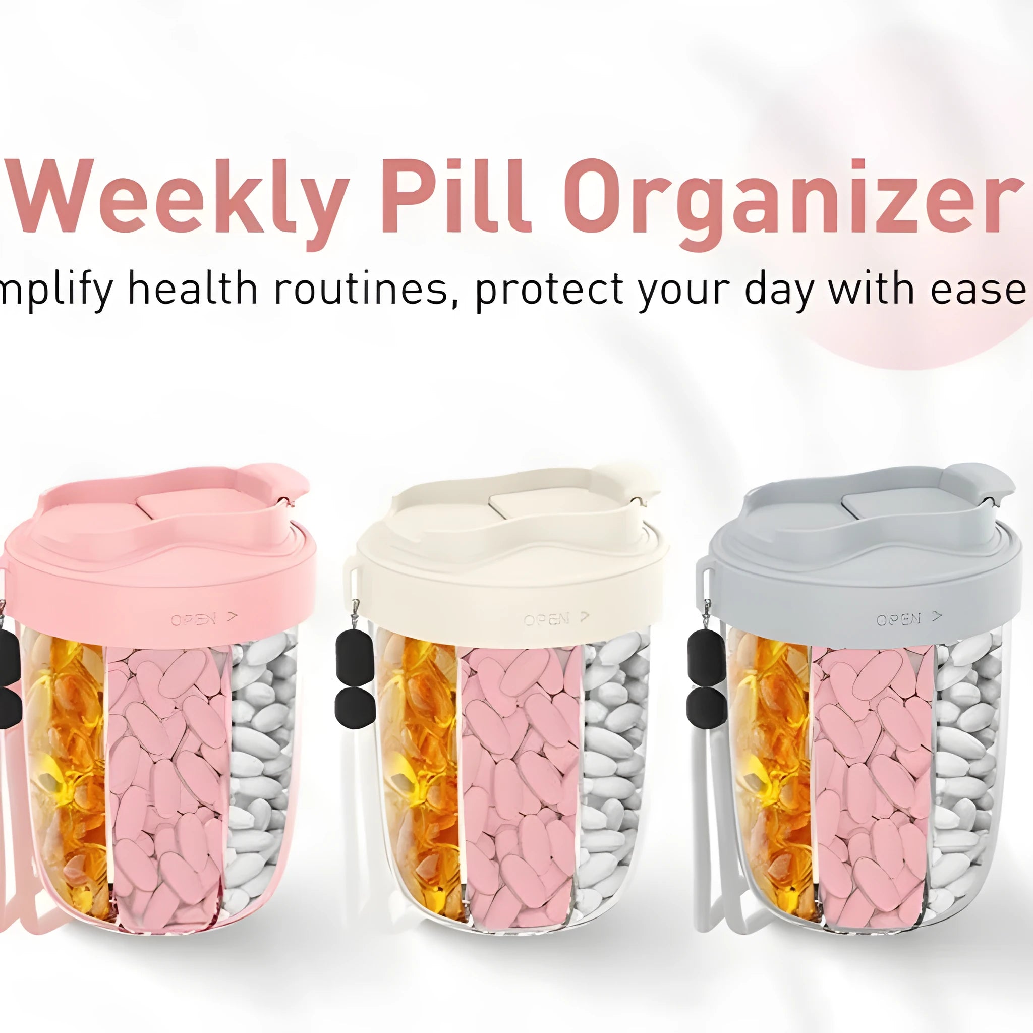 Beige plastic supplement storage box with seven compartments for tablets on a white background