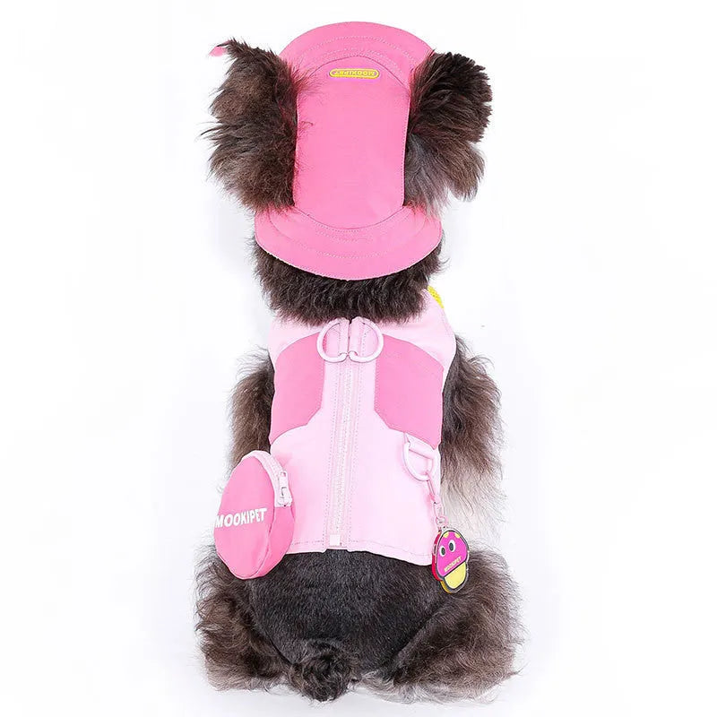 Pink lightweight polyester vest for small dog breeds on a white background.