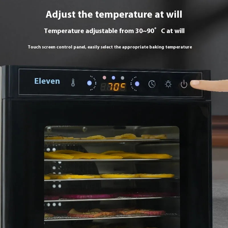 Stainless steel fruit dehydrator with visual skylight showing stacked drying trays inside
