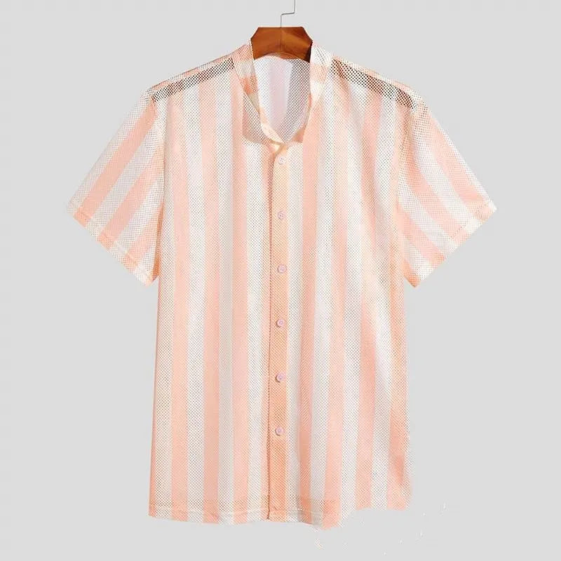 Pink men's loose-fit waffle texture short sleeve cardigan shirt on a hanger.