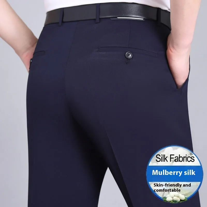 Men's mulberry silk blend business trousers in straight cut with high waist