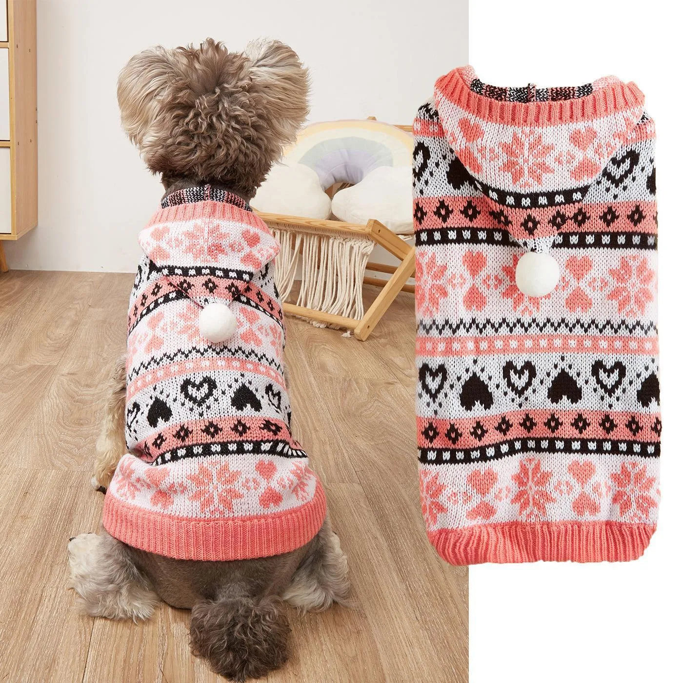 Knitted acrylic dog sweater with striped camouflage pattern and snowflake love design for small breeds