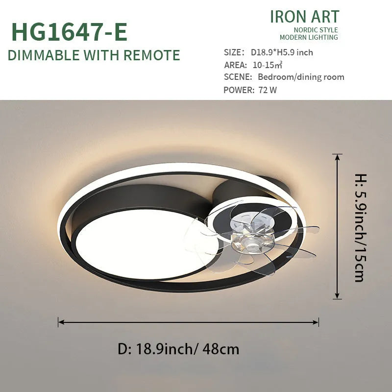 Nordic-style ceiling fan lamp with light, showing metal blades and acrylic shade in black finish.