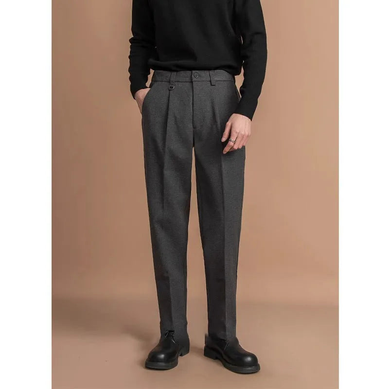 Men's straight-leg business casual trousers in draped style showing four colour options