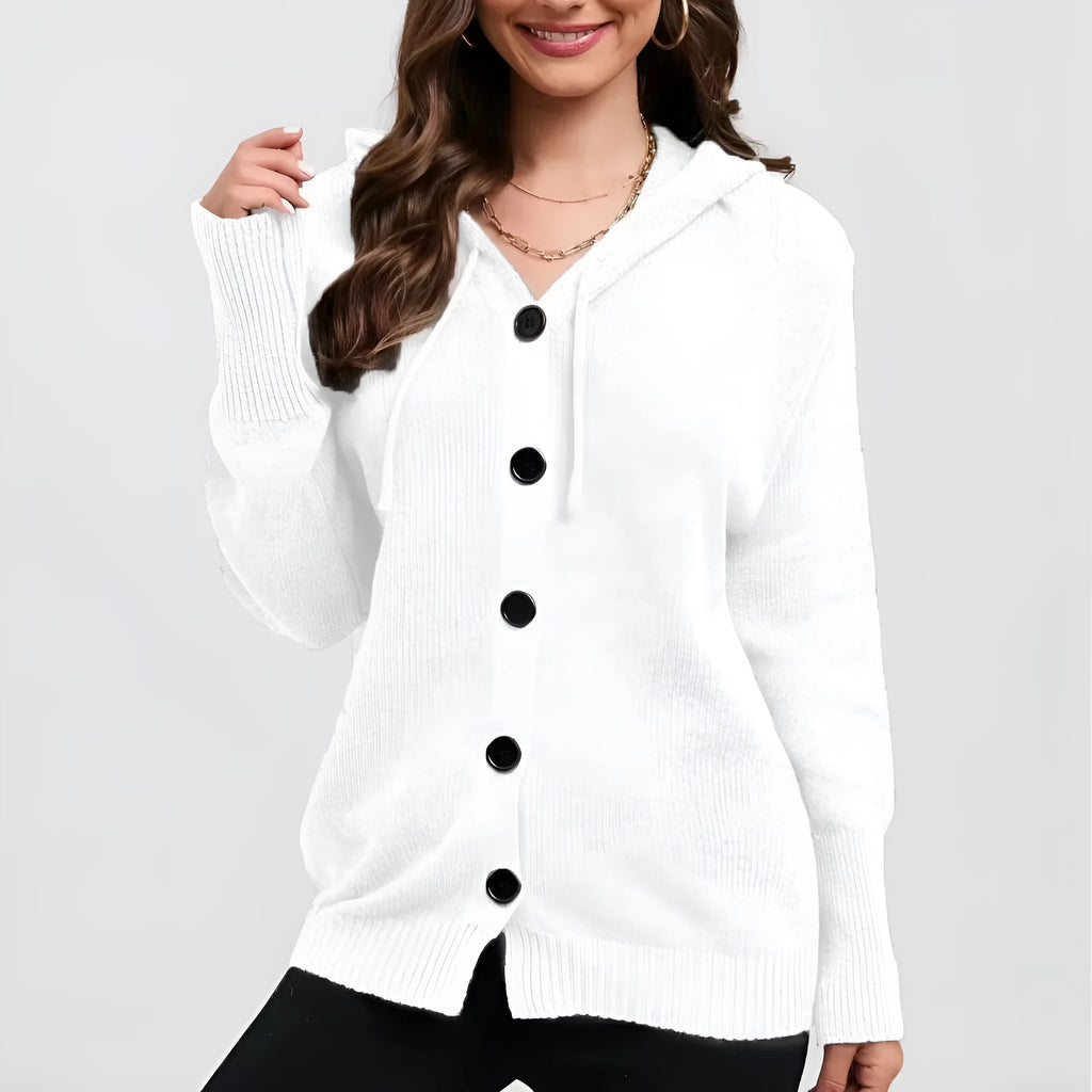 Women's solid colour loose-fit hooded cotton cardigan sweater on a hanger.
