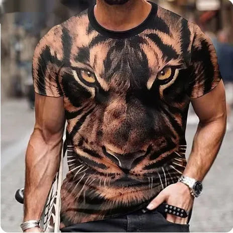 Men's black T-shirt with a detailed, raised 3D lion print on the chest.