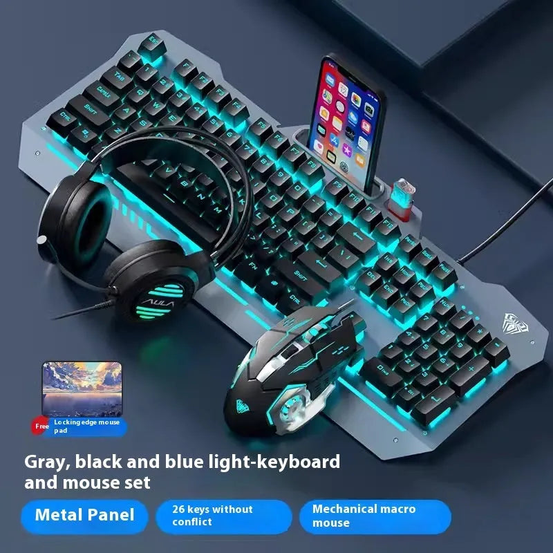 F3010 black and white metal gaming keyboard, mouse, and headset bundle with single-colour LED backlighting.
