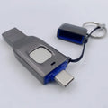 Black fingerprint USB flash drive showing USB 3.0 and Type-C connectors