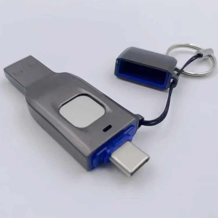 Black fingerprint USB flash drive showing USB 3.0 and Type-C connectors