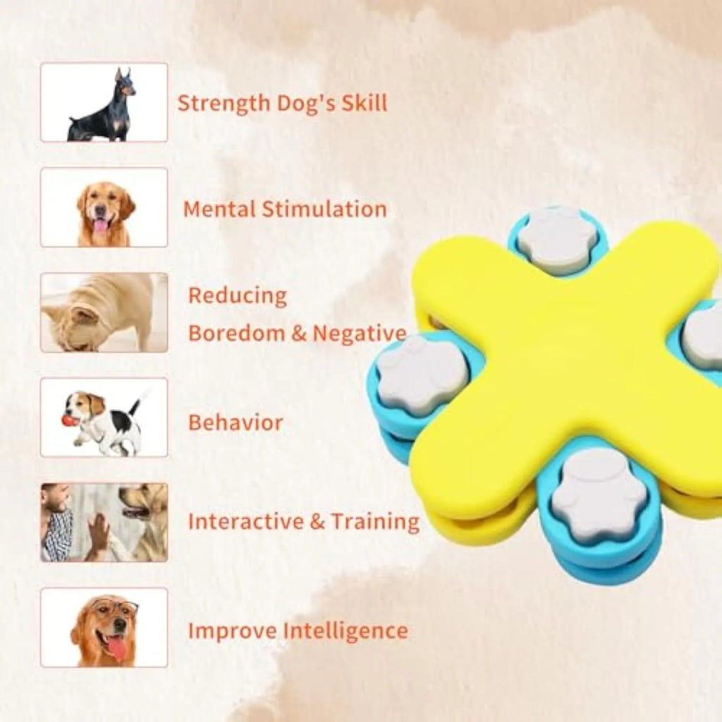 Yellow three-layer rotating dog puzzle feeder toy with non-slip base for slow feeding and IQ training.