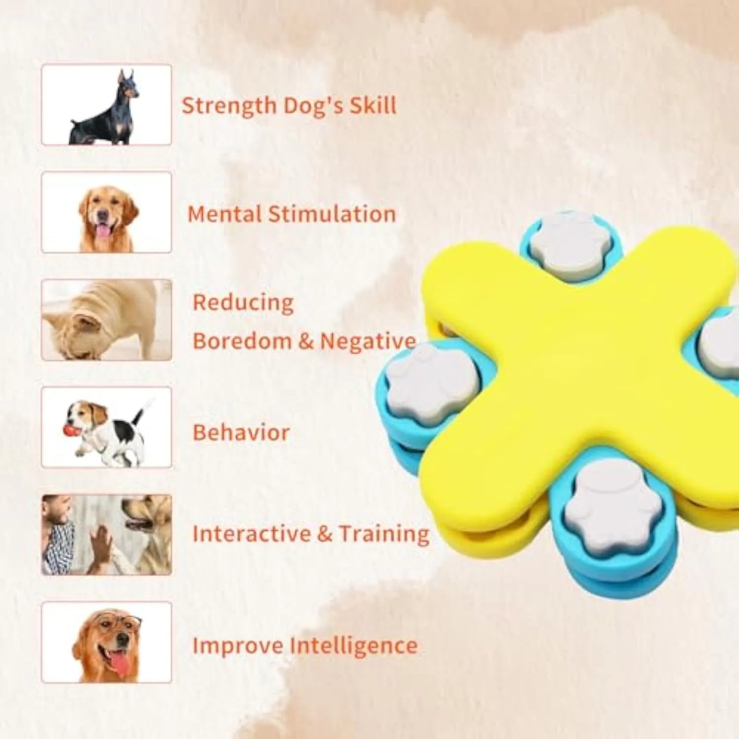 Yellow three-layer rotating dog puzzle feeder toy with non-slip base for slow feeding and IQ training.
