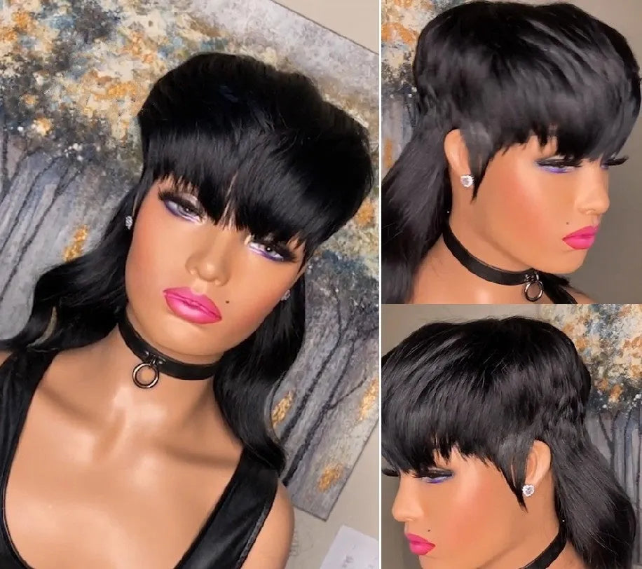 Black Brazilian synthetic wig with styled bangs and long, layered back.