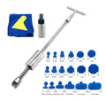 Automotive dent repair tool with T-shaped hammer and blue adhesive pullers for car body repair