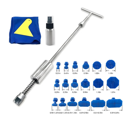 Automotive dent repair tool with T-shaped hammer and blue adhesive pullers for car body repair