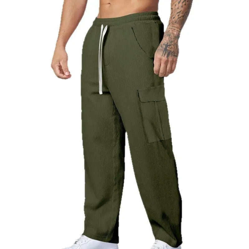 Men's corduroy cargo trousers in straight-leg design with drawstring waist available in multiple colours