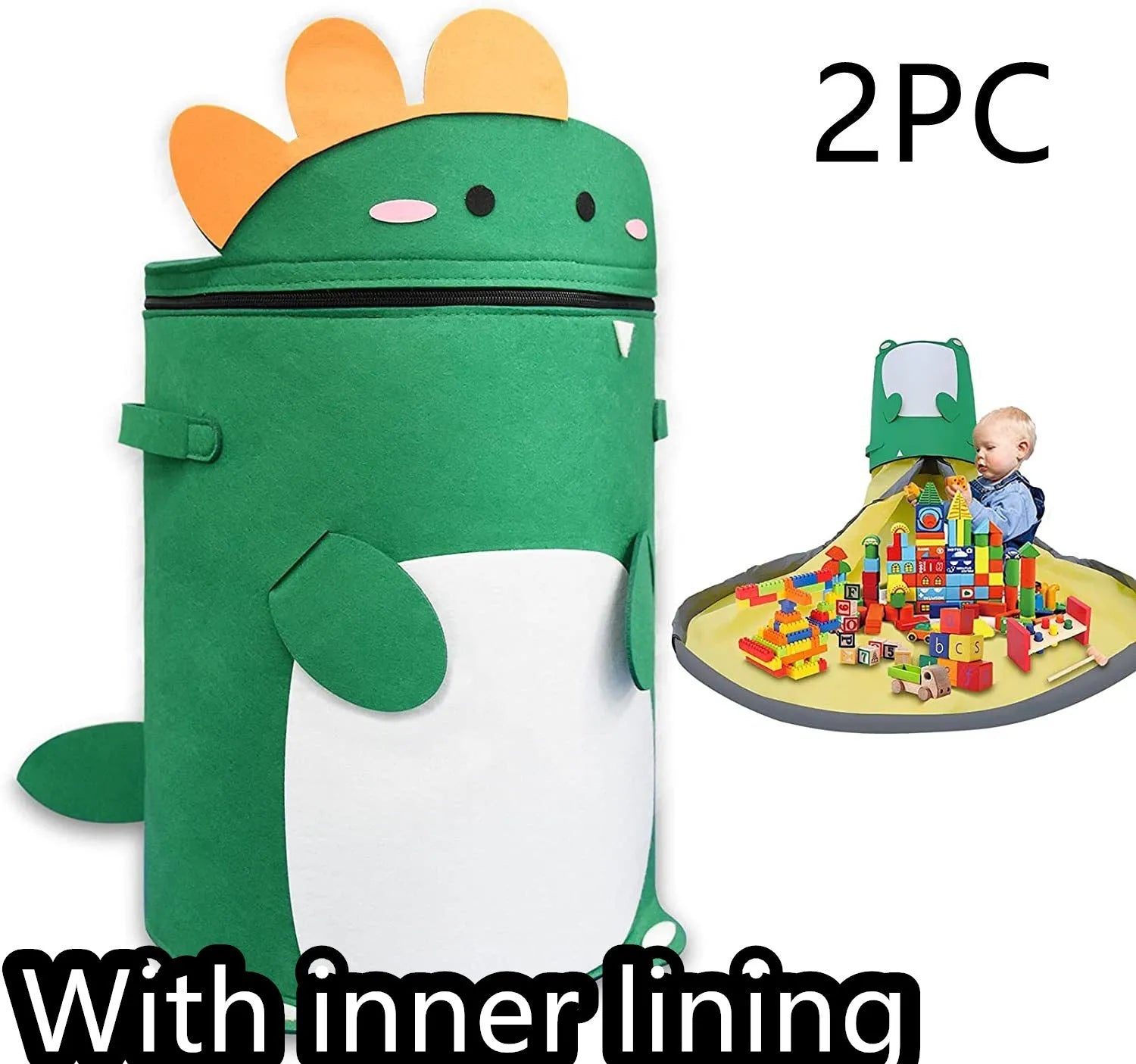 Green felt cube storage bag with a pull rope, laid flat as a play mat.