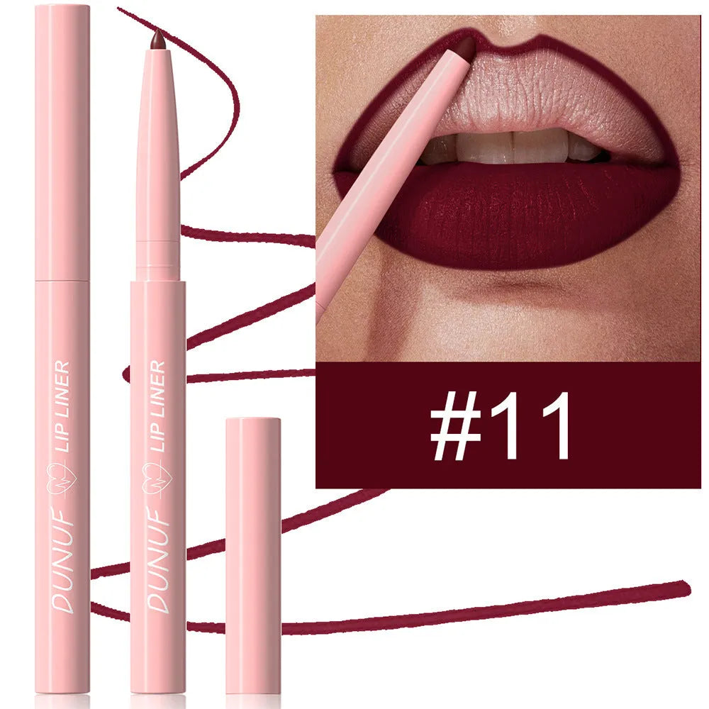 Velvet matte lip liner pencil in one of 12 available shades on a white background.