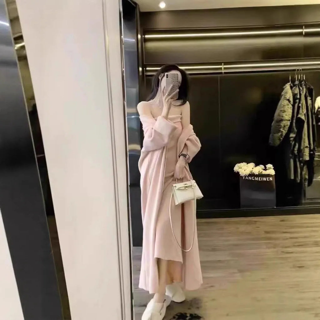 Grey women's knitted cardigan and long dress suit set with flocking detail.