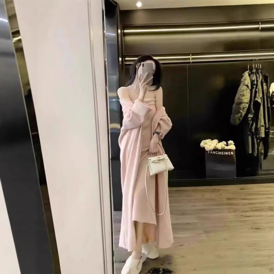 Grey women's knitted cardigan and long dress suit set with flocking detail.