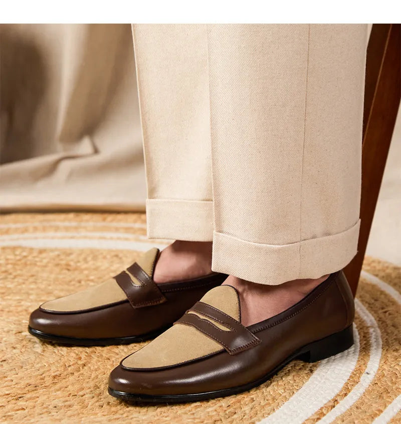 Coffee grey suede leather British-style loafers with one foot kick closure