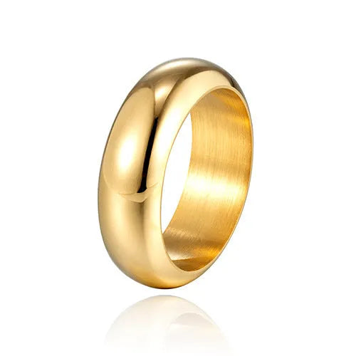 Glossy electroplated titanium steel ring shown in gold, black, and steel colour options.