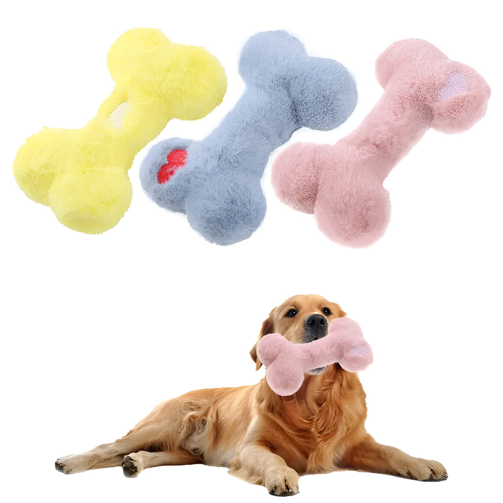 Blue plush love bone dog toy with a squeaker, shown next to pink and yellow versions.