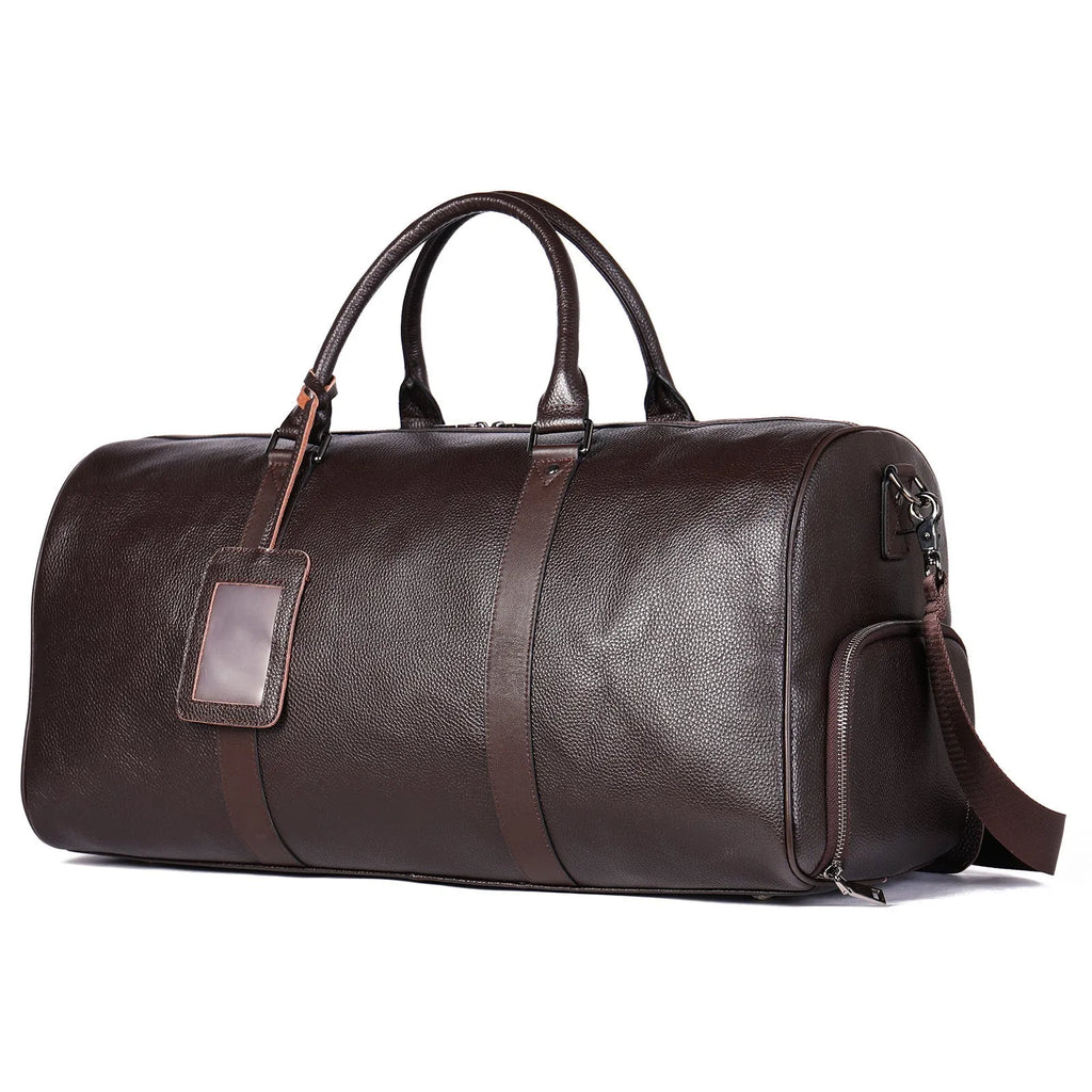 Men's black leather tote bag with single strap showing 44cm and 55cm size options