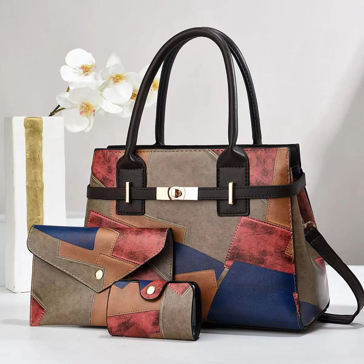 Women's large capacity PU crossbody shoulder bag horizontal shape with stitching and patchwork in Style 1 colour