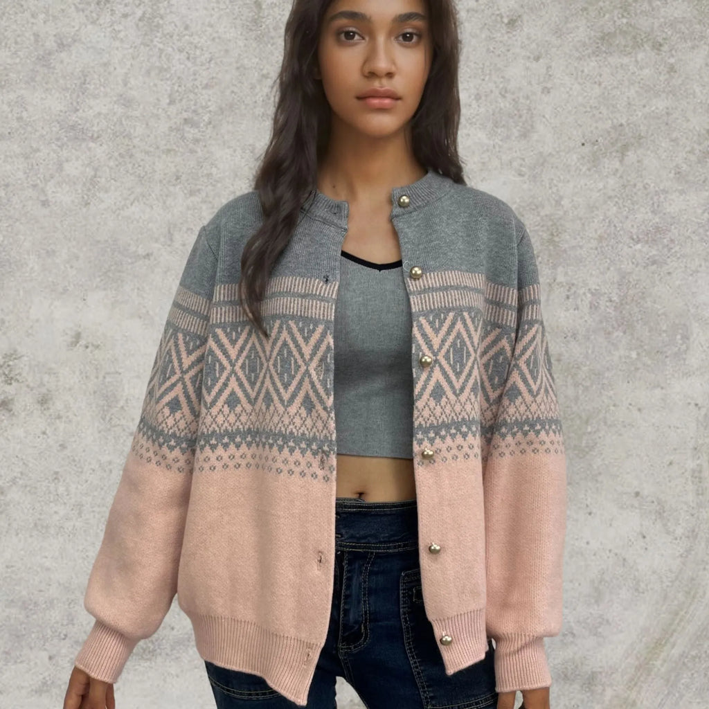 Women's grey alpaca wool cardigan with diamond knit pattern and contrast colour panels