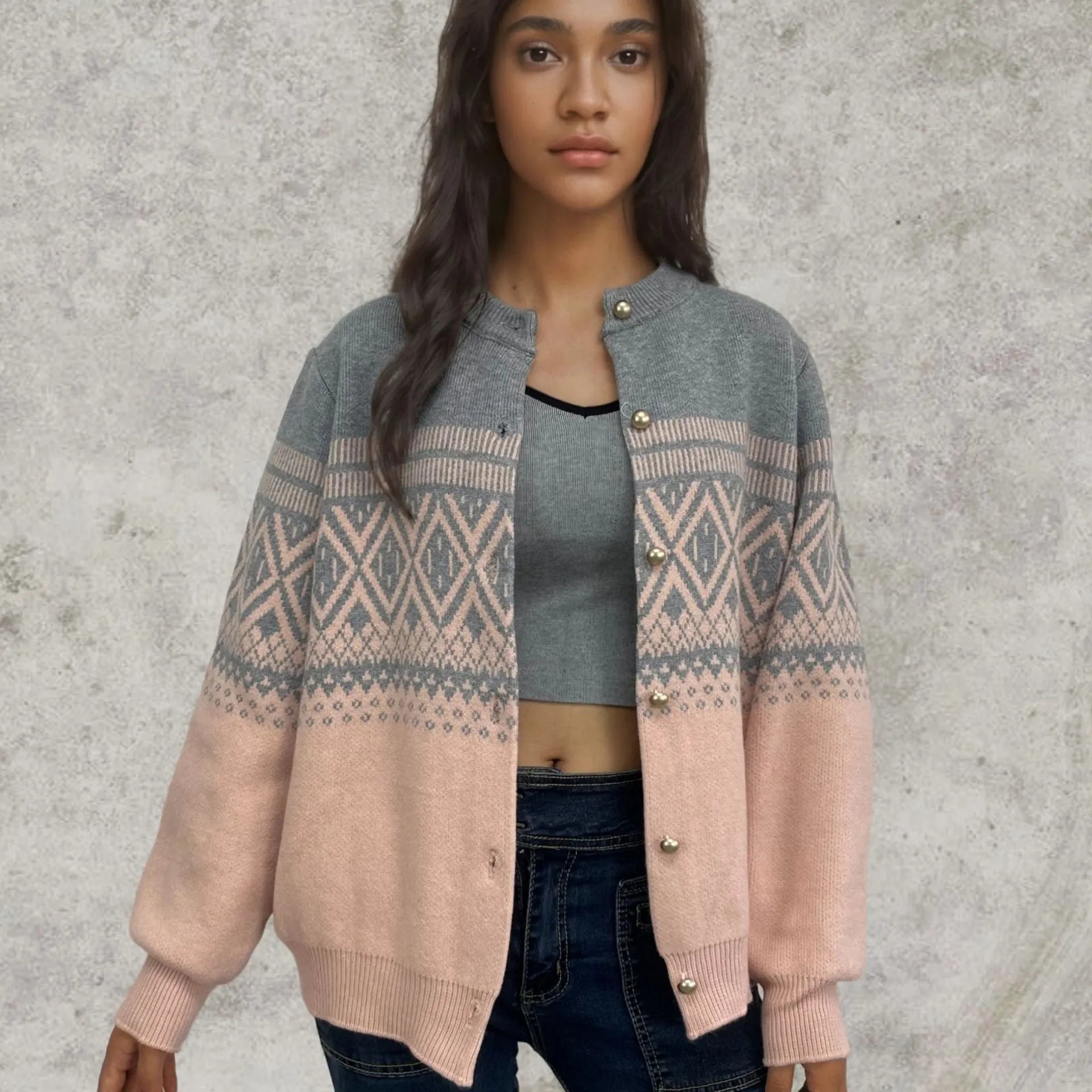 Women's grey alpaca wool cardigan with diamond knit pattern and contrast colour panels