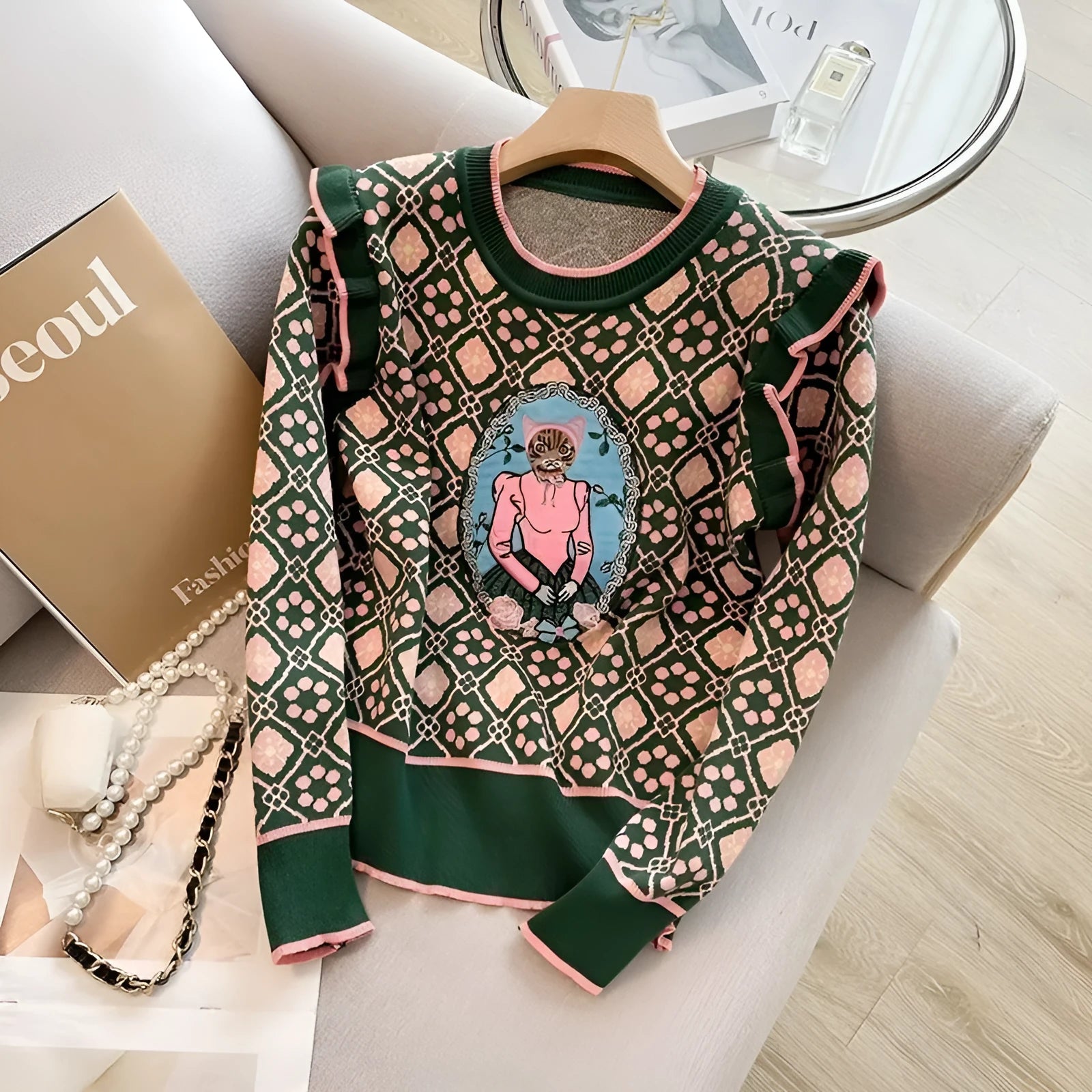 Green loose-fit women's printed sweater with regular sleeves.
