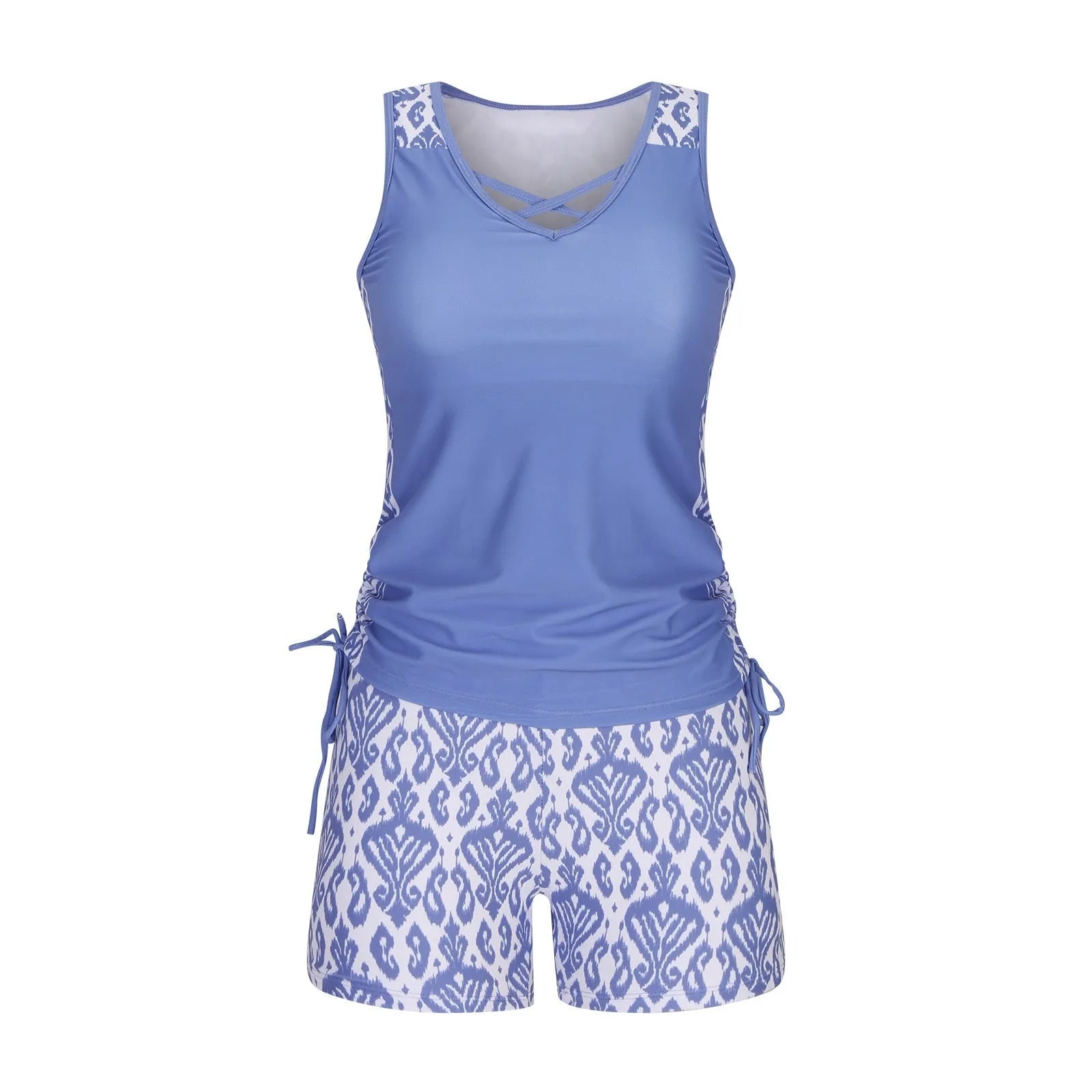 Women's blue floral printed lace two-piece bikini swimsuit on a mannequin.