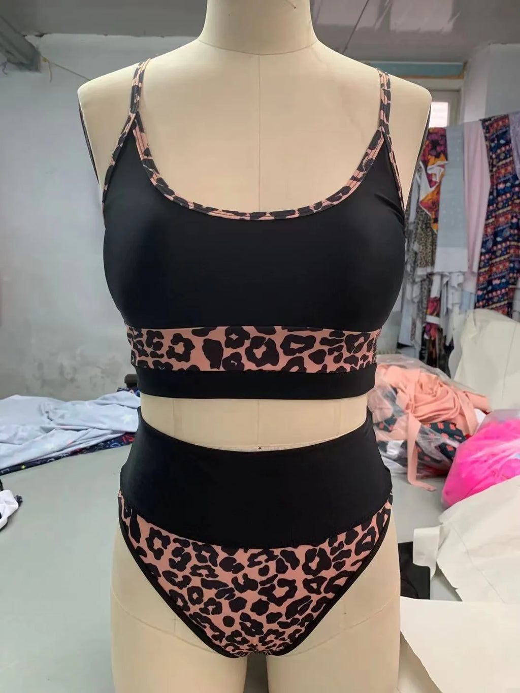 Women's high waist split bikini swimsuit in leopard print or white colours
